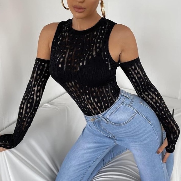 2-Piece Co-Ed Outfit, Red Plaid Skirt + Black Cut Out High Neck Top and Sleeves - Picture 2 of 5